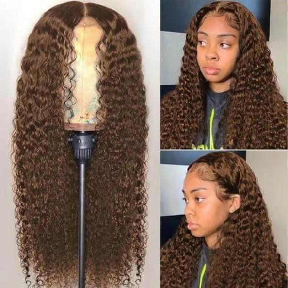 Light Brown Water Wave 4x4 T-Part Lace Closure Wig 150% Density 18" & 24" Available