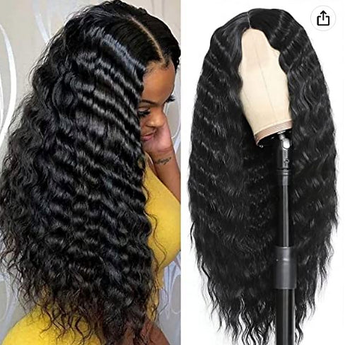 Black Deep Wave Lace Closure 28" Heat Resistant Synthetic Wig
