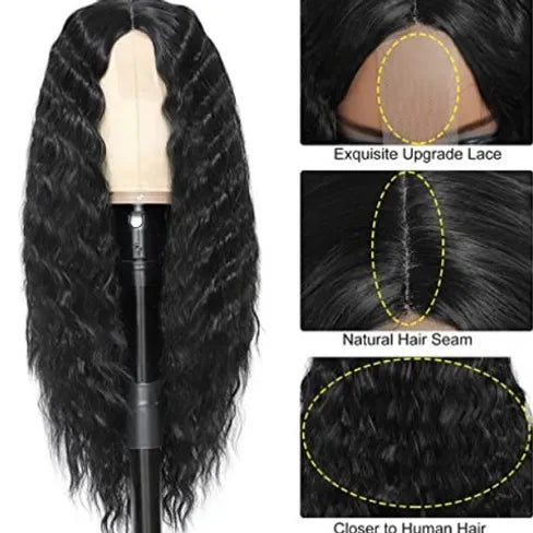 Black Deep Wave Lace Closure 28" Heat Resistant Synthetic Wig