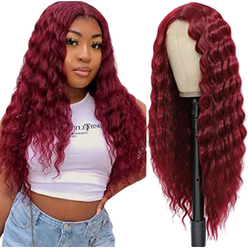 Burgundy Deep Wave Lace Closure 28" Heat Resistant Synthetic Wig