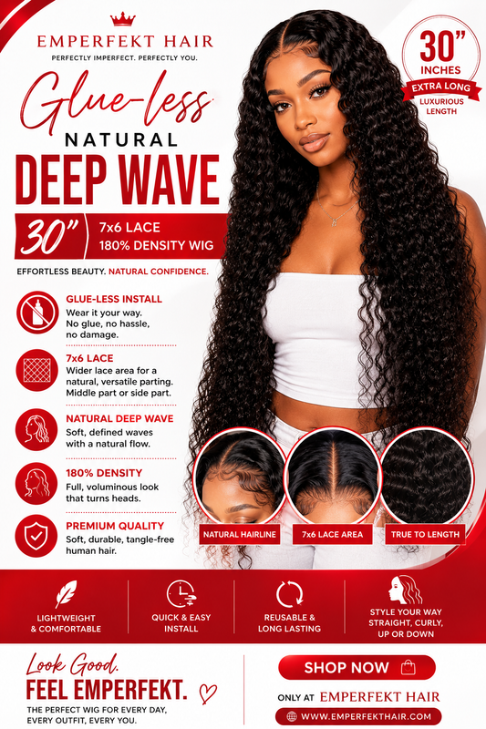 30" Glue-less Natural Deep Wave 7x6 Lace 180% Density Wig