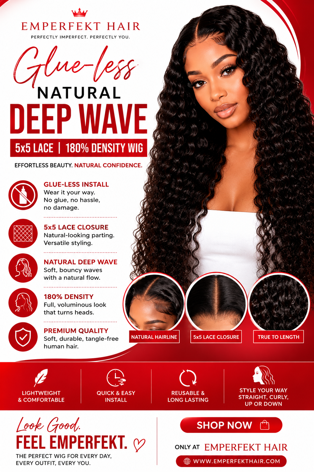 Glue-less Natural Deep Wave 5x5 Lace 180% Density Wig