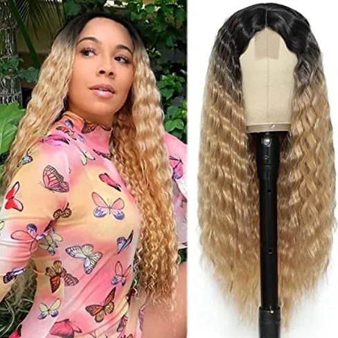 Blonde Ombre Deep Wave Lace Closure 28" Heat Resistant Synthetic Wig
