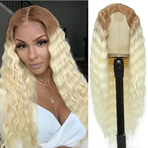Blonde/Honey Ombre Deep Wave Lace Closure 28" Heat Resistant Synthetic Wig