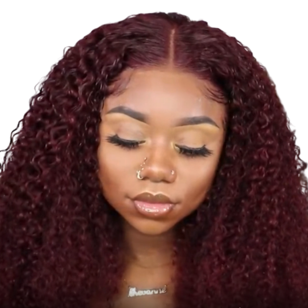 99J Burgundy Kinky Curly 4x4 Lace T-Part Closure Human Hair Wig
