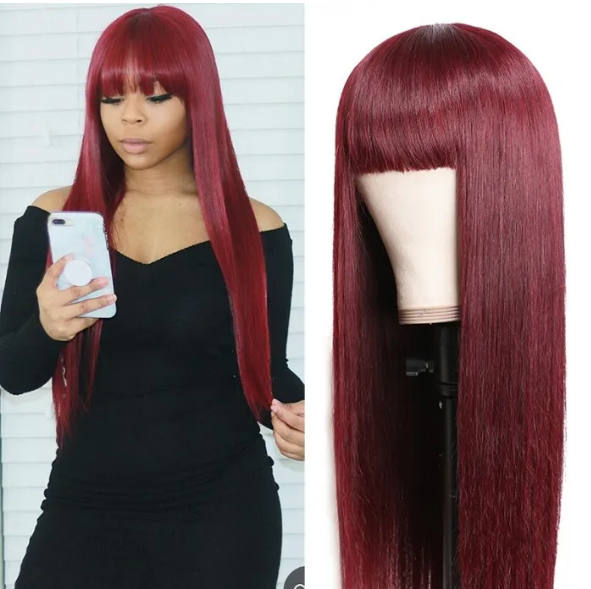 99J Burgundy Straight With Full Bangs Human Hair Wig