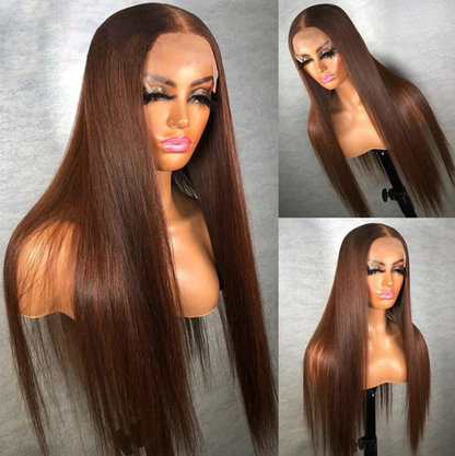 Glueless 20" - 32" Straight Chestnut Brown 13x4 Transparent 100% Human Hair Wigs