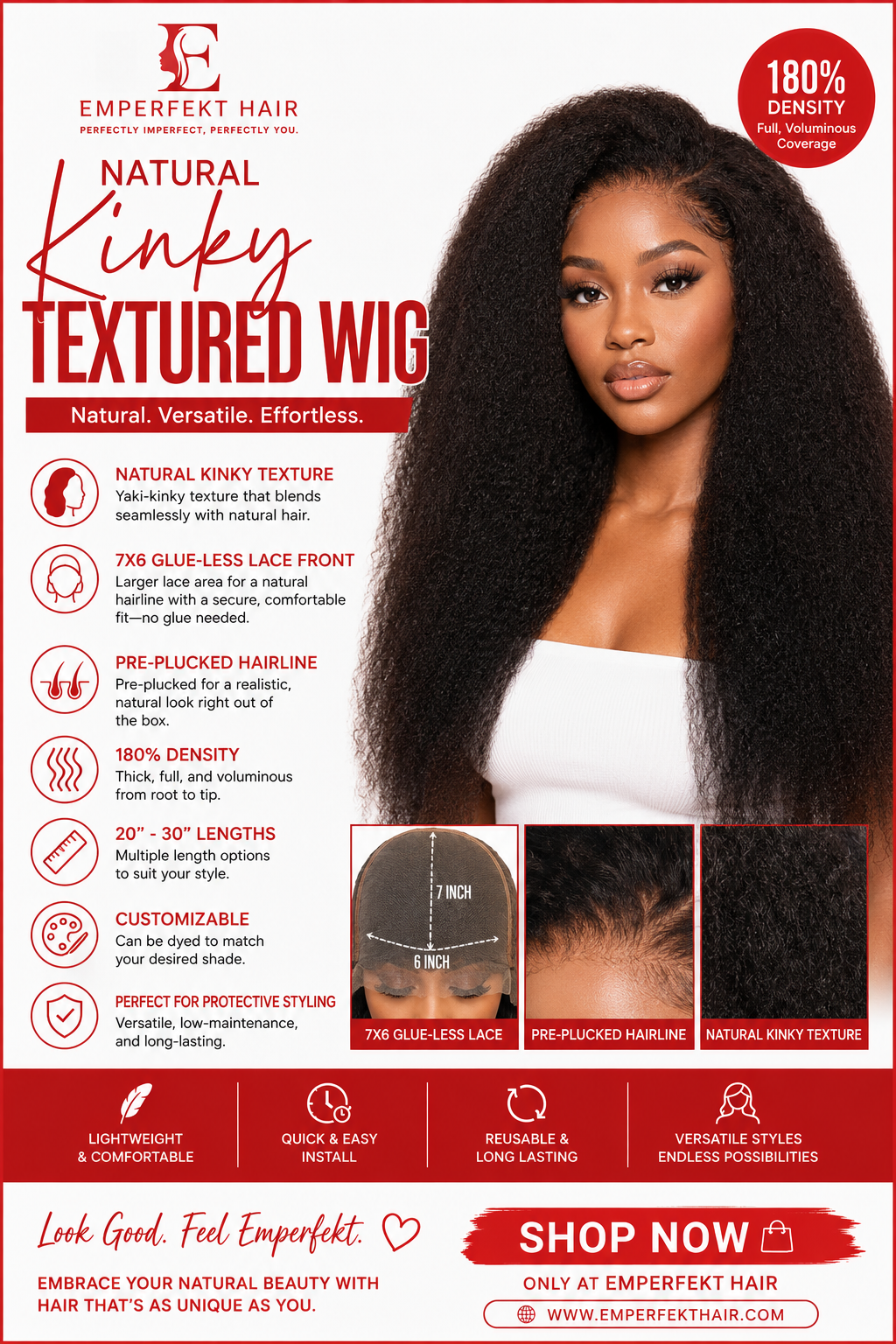 Glue-less Natural Kinky 180% Density 7x6 Lace Wig