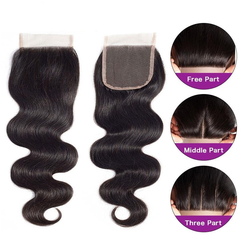 Brazilian Body Wave Human Hair Closure Piece 4x4 Free/Middle/3 Part Non-Remy