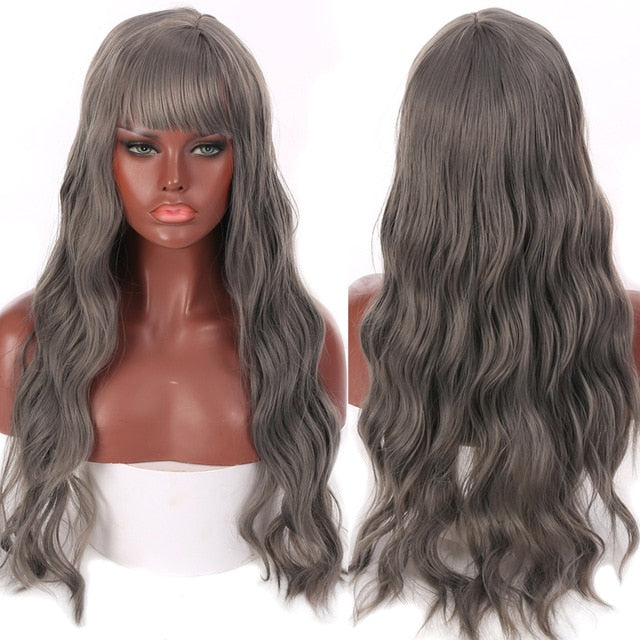 Heat Resistant Synthetic Loose Waves Wig With Bangs