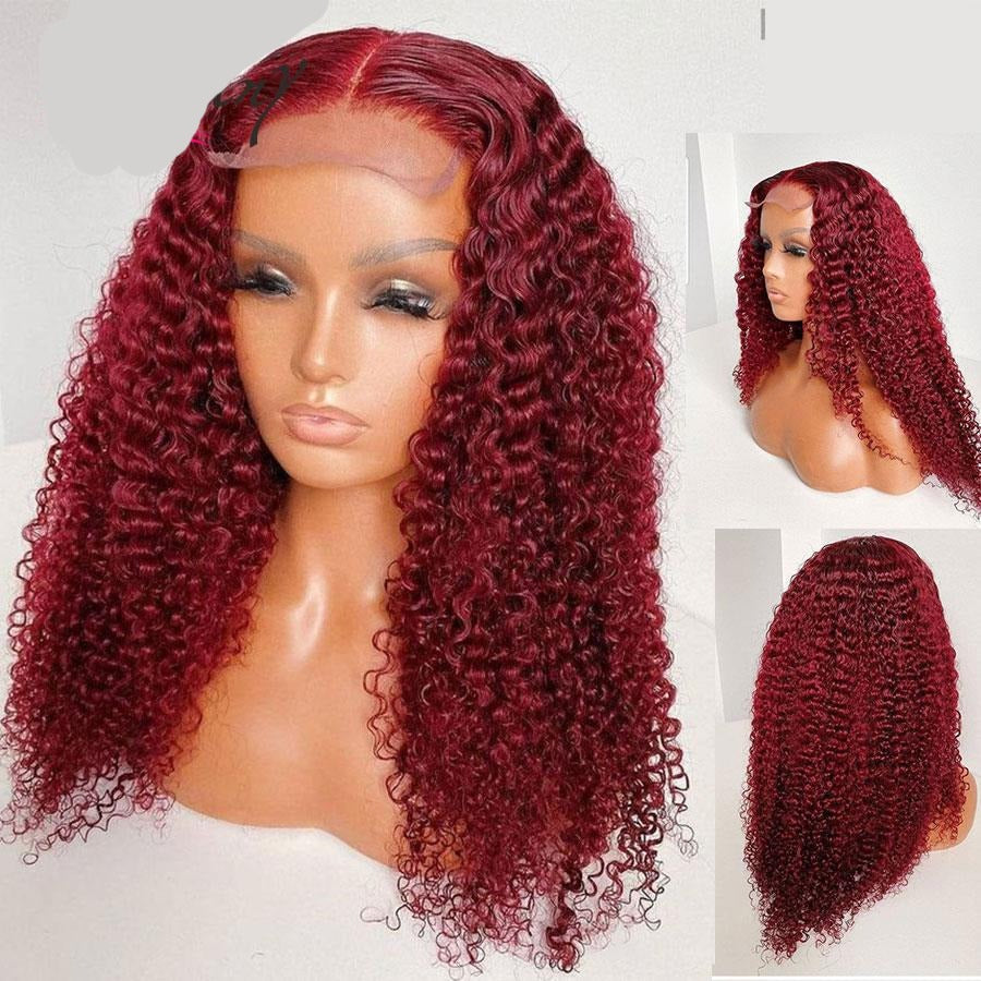 99J 4x4 HD Transparent Lace Front Human Hair Wig Kinky Curly Burgundy