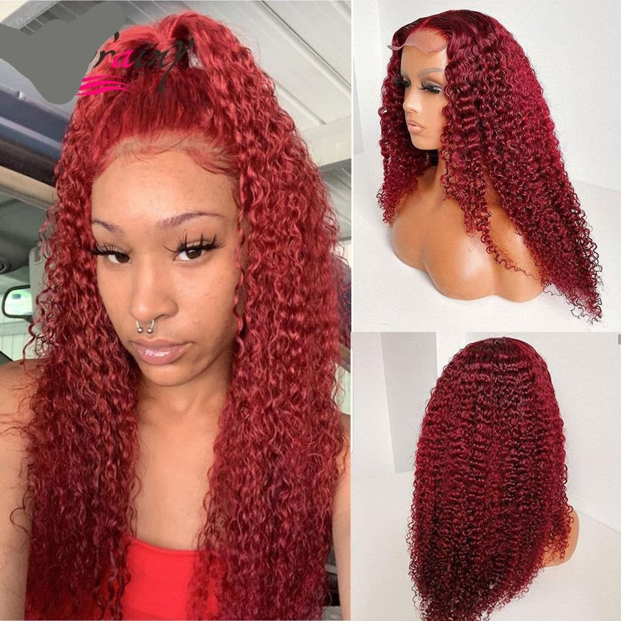 99J 4x4 HD Transparent Lace Front Human Hair Wig Kinky Curly Burgundy